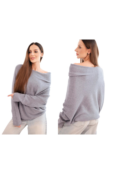 Kesi Pulover gri asimetric supradimensionat pentru femei, cu decolteu larg