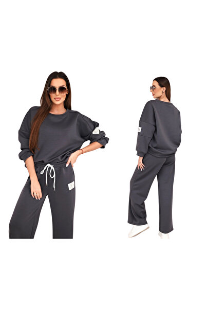 Kesi Set trening de damă grafit cu hanorac din viscoză și pantaloni cu talie ...