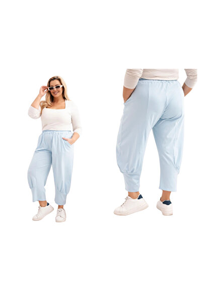 Kesi Pantaloni de damă albaștri din bumbac, mărime plus, cu buzunare și croi ...