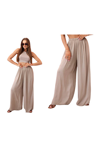 Kesi Pantaloni largi cu talie înaltă pentru femei, din viscoză camel