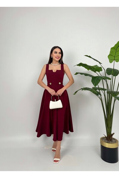 lina bayan giyim KEMERİ DÜĞMELİ ELBİSE BURGUNDY - BORDO