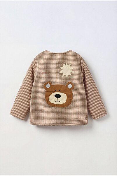 Magu Unisex Children's Cotton Pack Brown Teddy Bear Appliqué Gingham Jacket -...