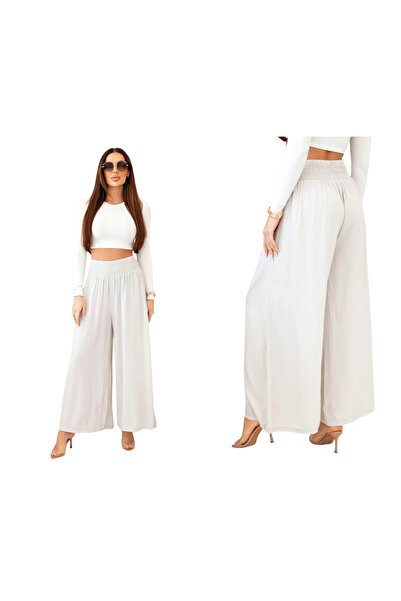 Kesi Pantaloni largi bej pentru femei cu talie elastică din viscoză ușoară