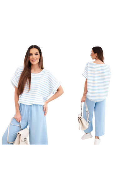 Kesi Set de damă cu dungi albastre din viscoză și pantaloni largi