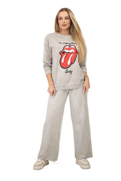 Kesi Set hanorac din bumbac pre-spălat cu imprimeu + pantaloni bej