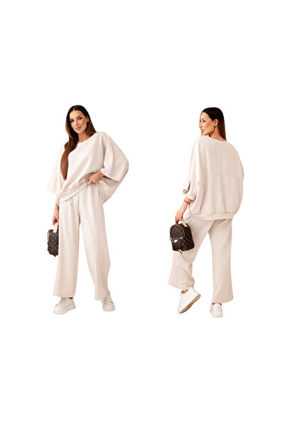 Kesi Set trening bej supradimensionat din viscoză pentru femei, cu dungi late...