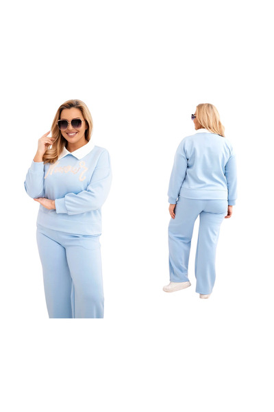 Kesi Set trening albastru pentru femei MASELKOWY Plus Size cu guler și broderie