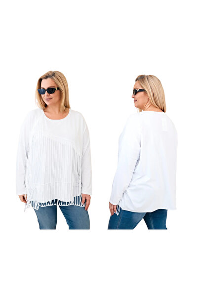 Kesi Bluză de damă din bumbac alb, mărime plus, cu franjuri decorative