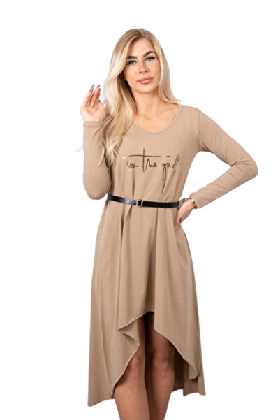 Kesi Rochie camel cu curea decorativă și inscripție