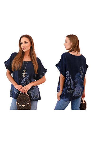 Kesi Women's oversized navy blouse with butterfly and flower motif and short ...