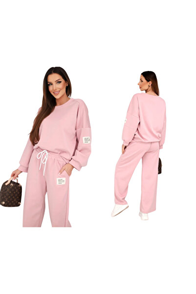 Kesi Set trening roz pudrat închis pentru femei, cu hanorac din viscoză și pa...