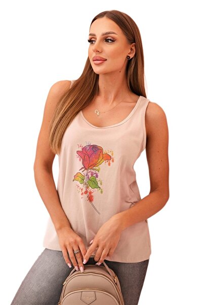 Kesi Bluză de damă din bumbac cu bretele și imprimeu floral, bej