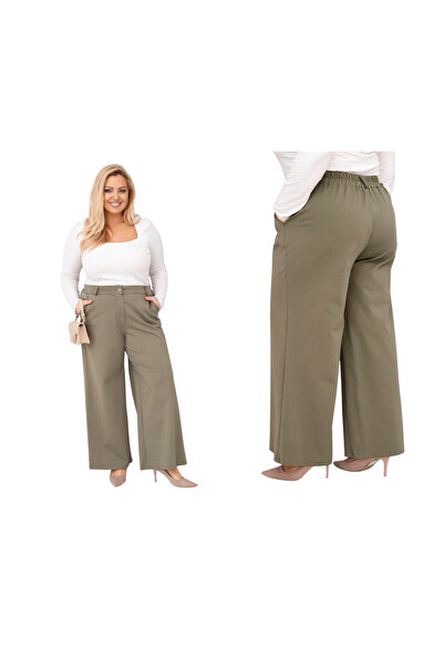 Kesi Pantaloni eleganți kaki din bumbac, mărime mare, pentru femei, cu croi larg