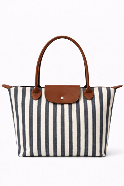 PJ & Me Kadın Büyük Omuz Çantası – Çizgili Keten Tote Çanta