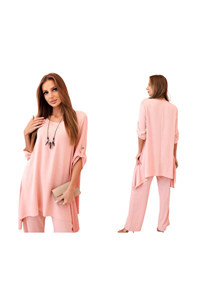 Kesi Set de damă roz pudrat închis cu colier: tunică și pantaloni largi