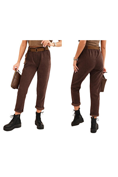 Kesi Pantaloni de damă maro din catifea reiată cu talie înaltă și curea