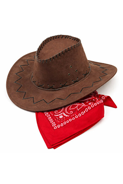 Fixport Çocuk Kovboy Şapka Kahverengi & Kırmızı Bandana Fular Seti