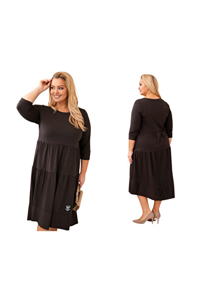 Kesi Brown Cotton flared dress, plus size, with long sleeves