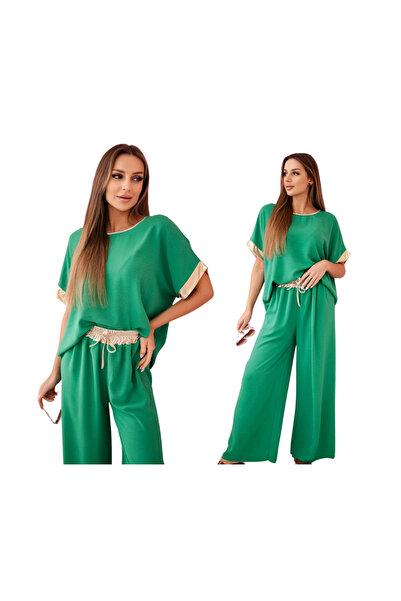 Kesi Set elegant de damă verde, confecționat din viscoză, cu garnituri aurii