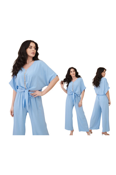 Kesi Set albastru pentru femei: bluză cu nasturi și pantaloni cu croi larg