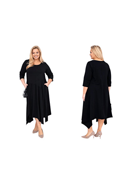 Kesi Women's black Cotton dress, plus size, asymmetrical, with Pocketed