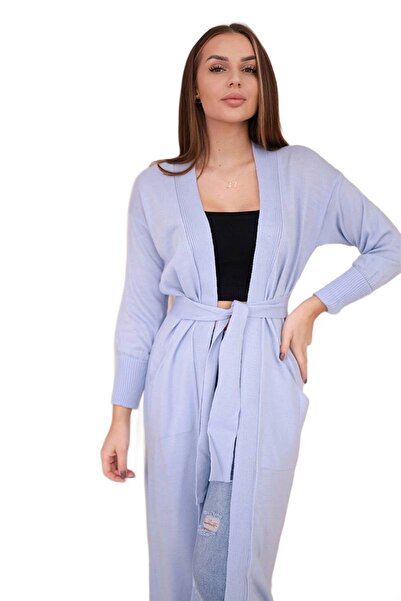 Kesi Pulover cardigan lung cu legături în talie, albastru