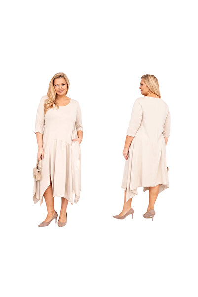Kesi Women's beige plus size Cotton dress, asymmetrical, with Pocketed