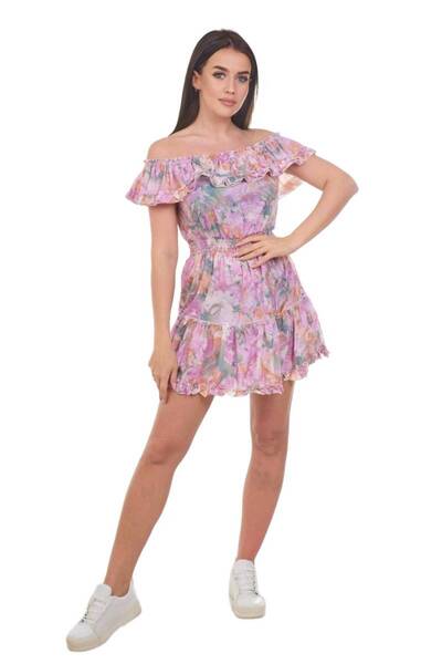 Kesi Rochie mov cu imprimeu floral, fără umeri