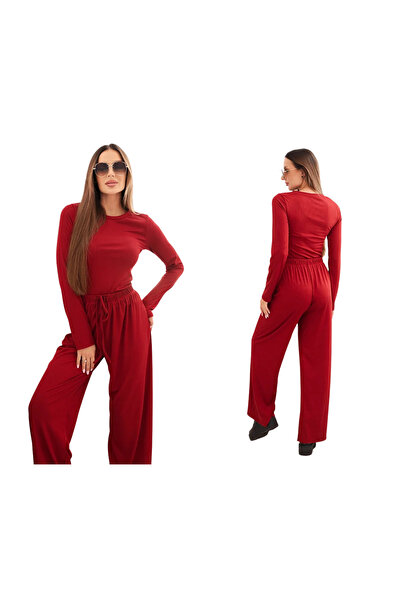 Kesi Set de damă din viscoză bordo cu bluză și pantaloni largi