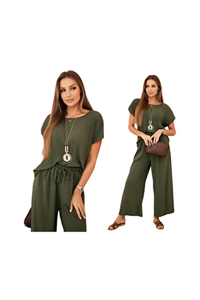 Kesi Set de damă kaki din viscoză | bluză plisată + pantaloni