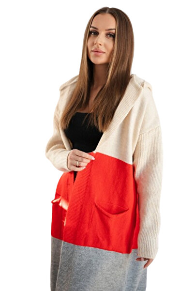 Kesi Cardigan cu glugă și dungi, bej + roșu + gri