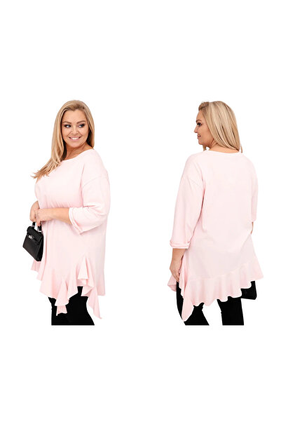 Kesi Bluză de damă roz pudrat, mărime mare, cu volane și tiv asimetric
