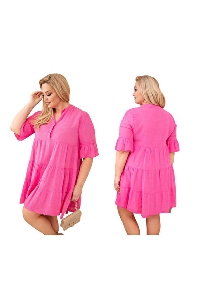Kesi Pink linen dress for women, boho style, plus size