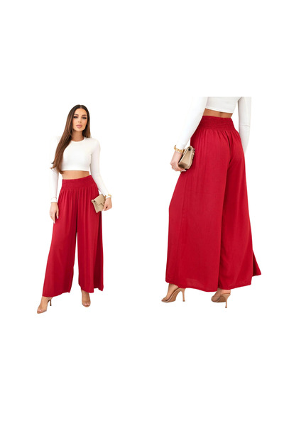 Kesi Pantaloni largi de damă, de culoare vișinie, cu talie elastică, din visc...