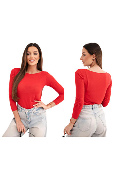 Kesi Bluză roșie de damă din cașmir, cu decolteu rotund și mâneci lungi