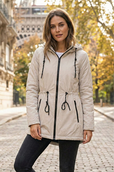 embody Ladies jacket with detachable hood, pockets, zip fastening, beige 8000