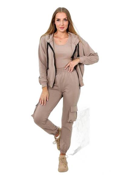 Kesi Set 3 în 1: hanorac + top + pantaloni, bej închis