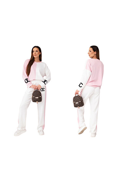 Kesi Set trening roz pudrat+alb pentru femei, bicolor, cu broderie decorativă...