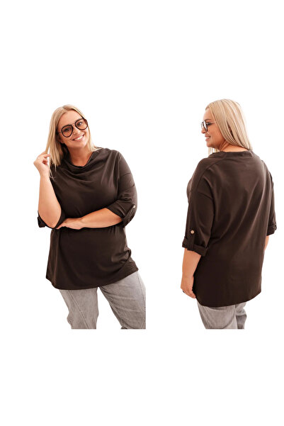 Kesi Women's brown blouse, plus size, with Draped collar and 3/4 sleeves