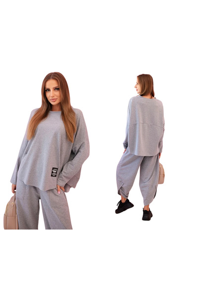 Kesi Set gri melanj din bumbac pentru femei: hanorac și pantaloni supradimens...