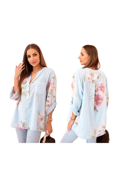 Kesi Bluză albastră de damă, supradimensionată, din bumbac, cu imprimeu floral