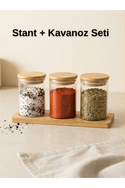 Eviniz güzel 3’lü Cam Baharat Kavanozu Seti Bambu Kapaklı Ahşap Standlı Bahar...