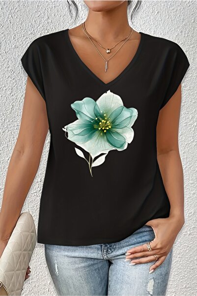 mercoledi Floral Printed Oversize V-Neck T-Shirt Casual Boyfirend