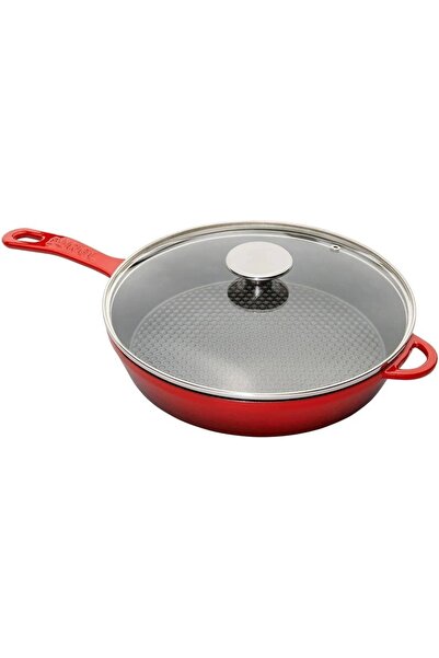 Sürel 28 cm round flat pan with glass lid - gradient red