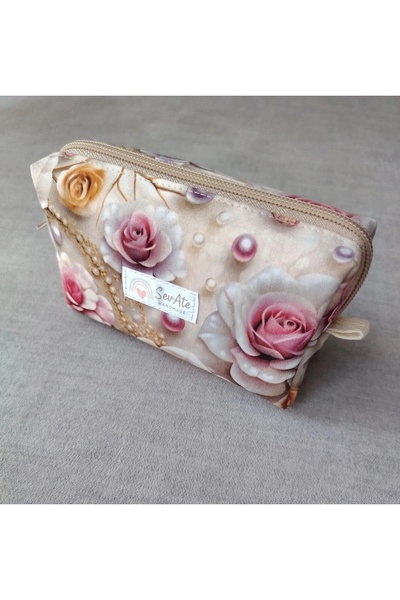 Handmade Pudra Bej Vintage Gül Desenli Küçük Boy Hijyen Çantası/Cüzdan/Çanta ...