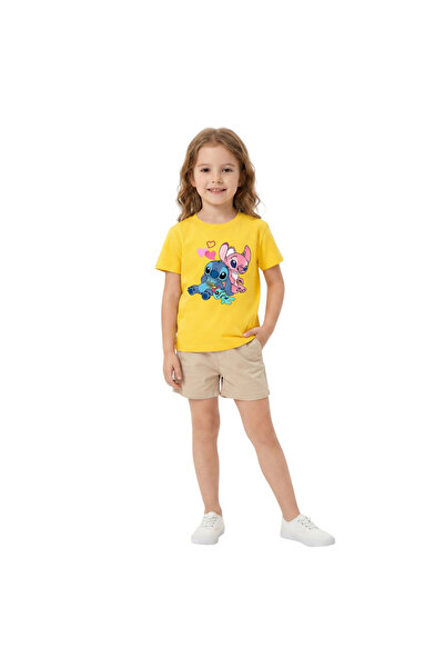 Bidani تيشيرت بناتي بتصميم ستيتش الفضائي الكرتوني، أصفر، مقاسات من 3 إلى 13 سنة