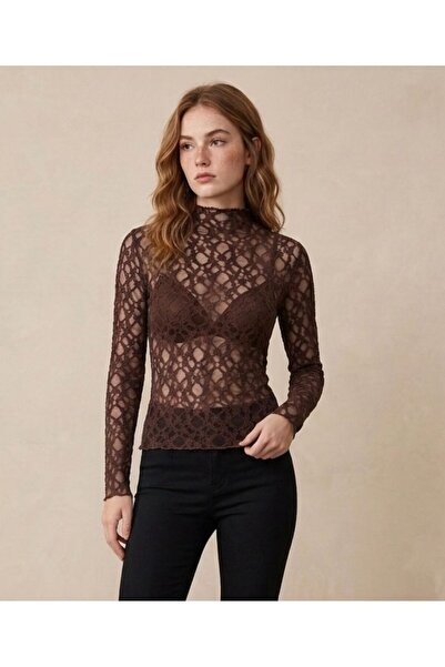 Linich&Co Brown Mock Neck Lace Detailed Sheer Blouse
