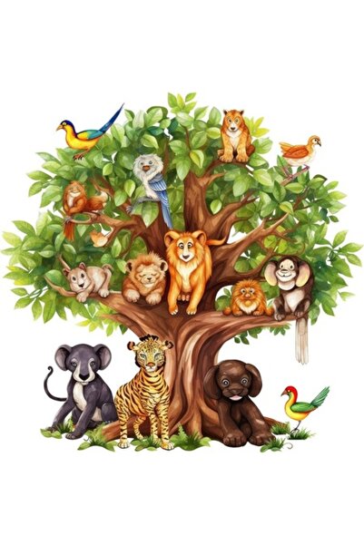 OEM Autocolant decorativ, Copac cu animale, Verde, 60 cm
