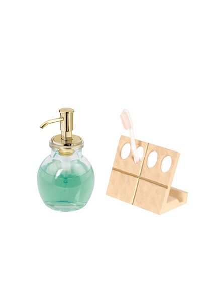Bosphorus LIQUID SOAP RACK, TOOTH BRUSHER 2-PIECE BATHROOM SET, GOLD OVAL