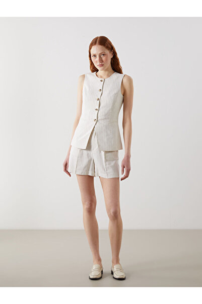 LC Waikiki Özmarka Νέα Σεζόν Loose Fit Ριγέ Λινό Γυναικείο Σορτς με Μείγμα Υφ...